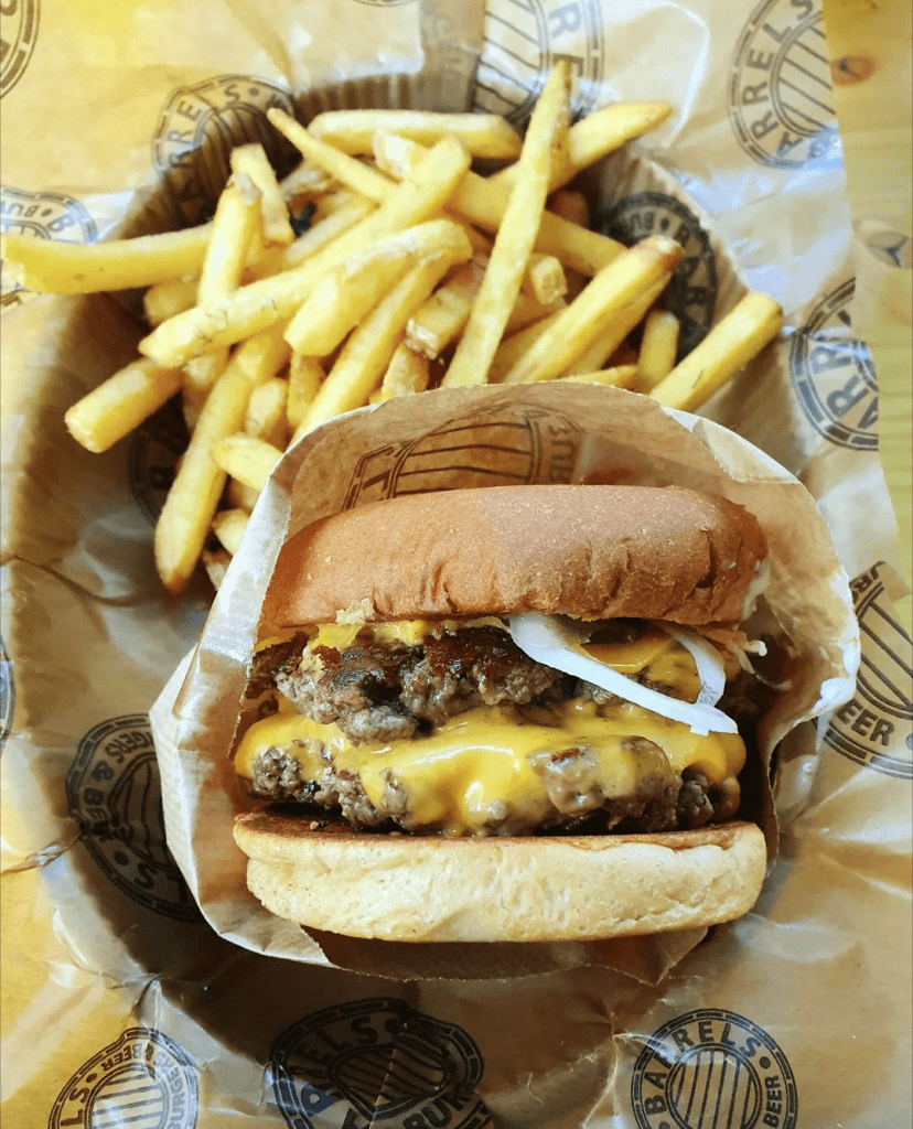 Barrels burger with french fries